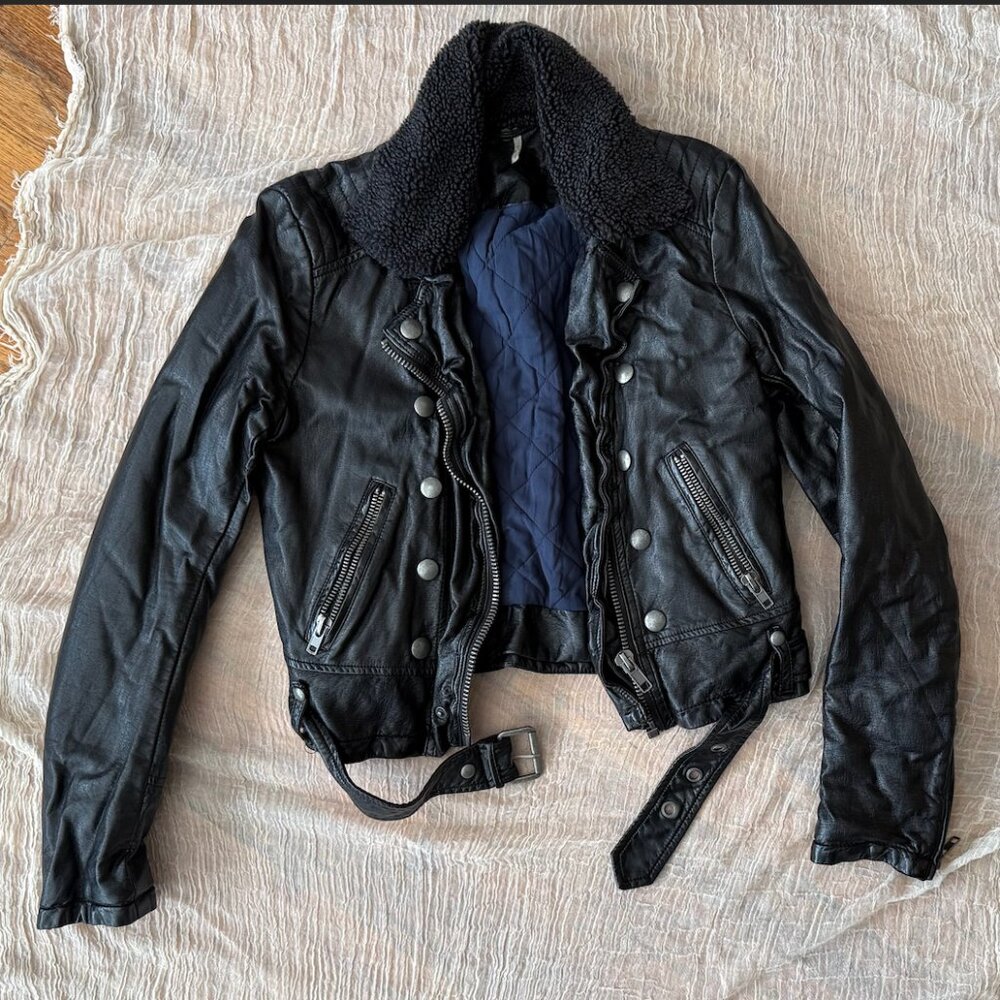 Free People Lined Moto Leather Jacket with Detachable Sherpa Collar